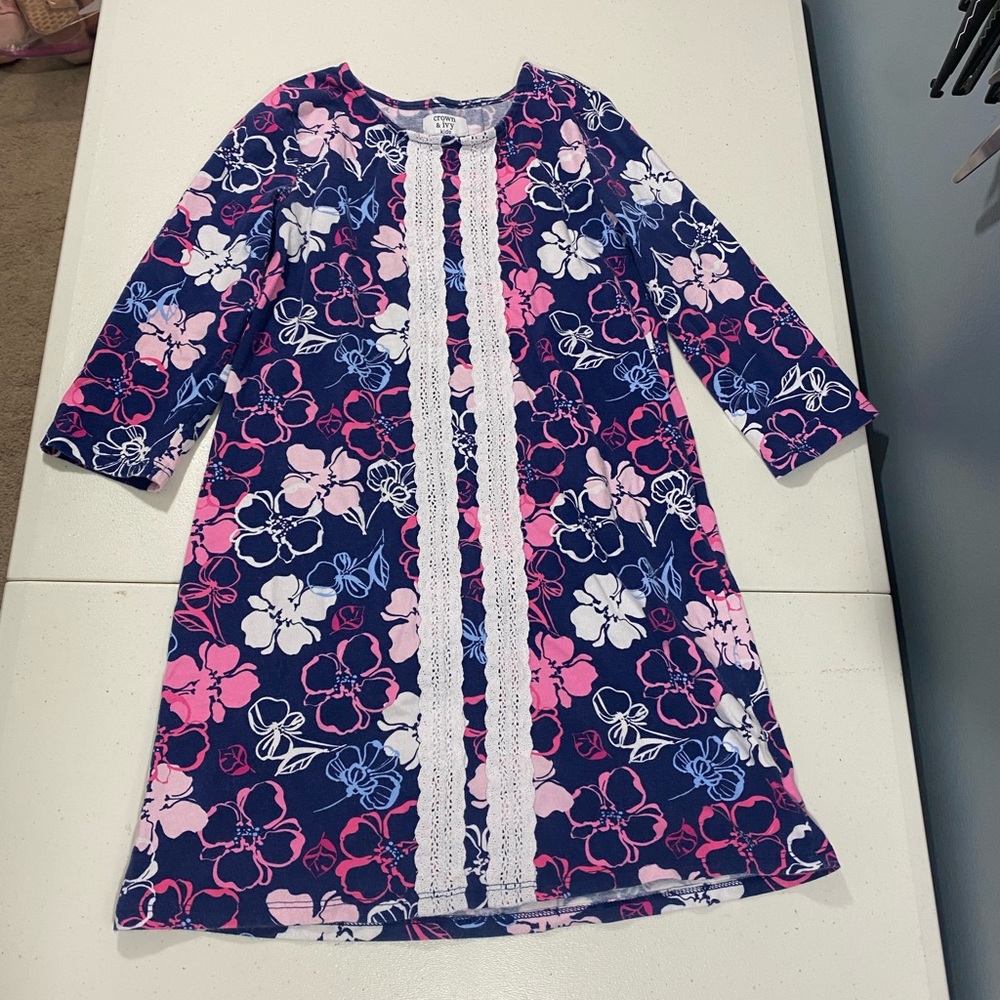 Crown & Ivy girls size 6x dark blue w/pink & blue flowers tunic dress